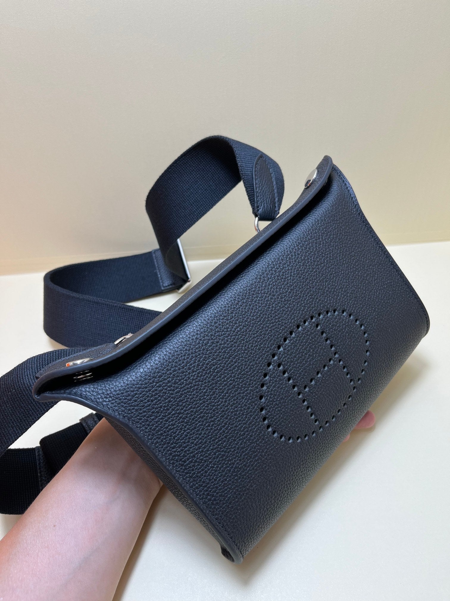 Hermes Evelyne TPM Noir Black Leather Crossbody Bag with Perforated H Logo