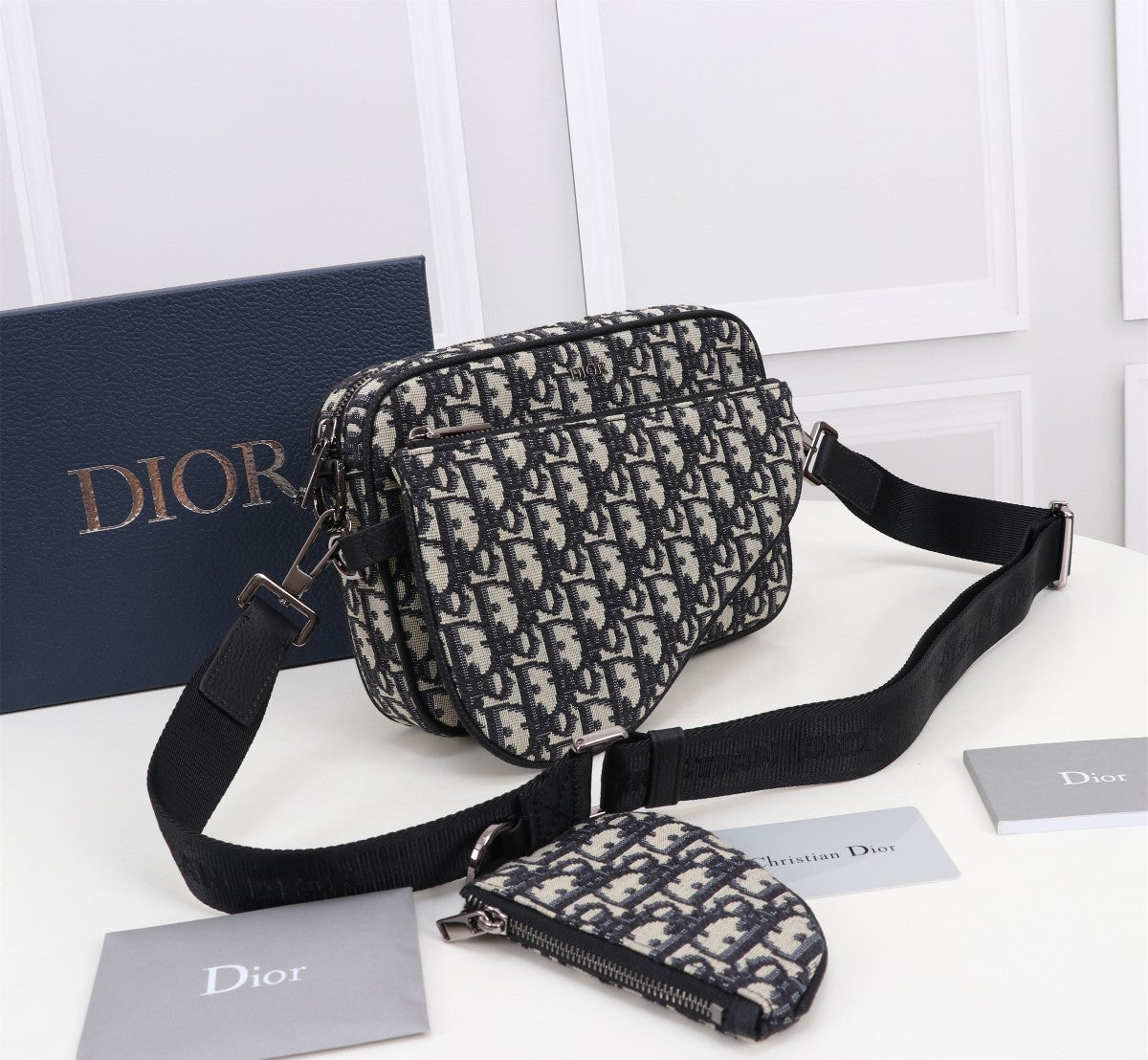 Dior Black Monogram Jacquard Messenger Bag with Saddle Flap and Strap Pouch