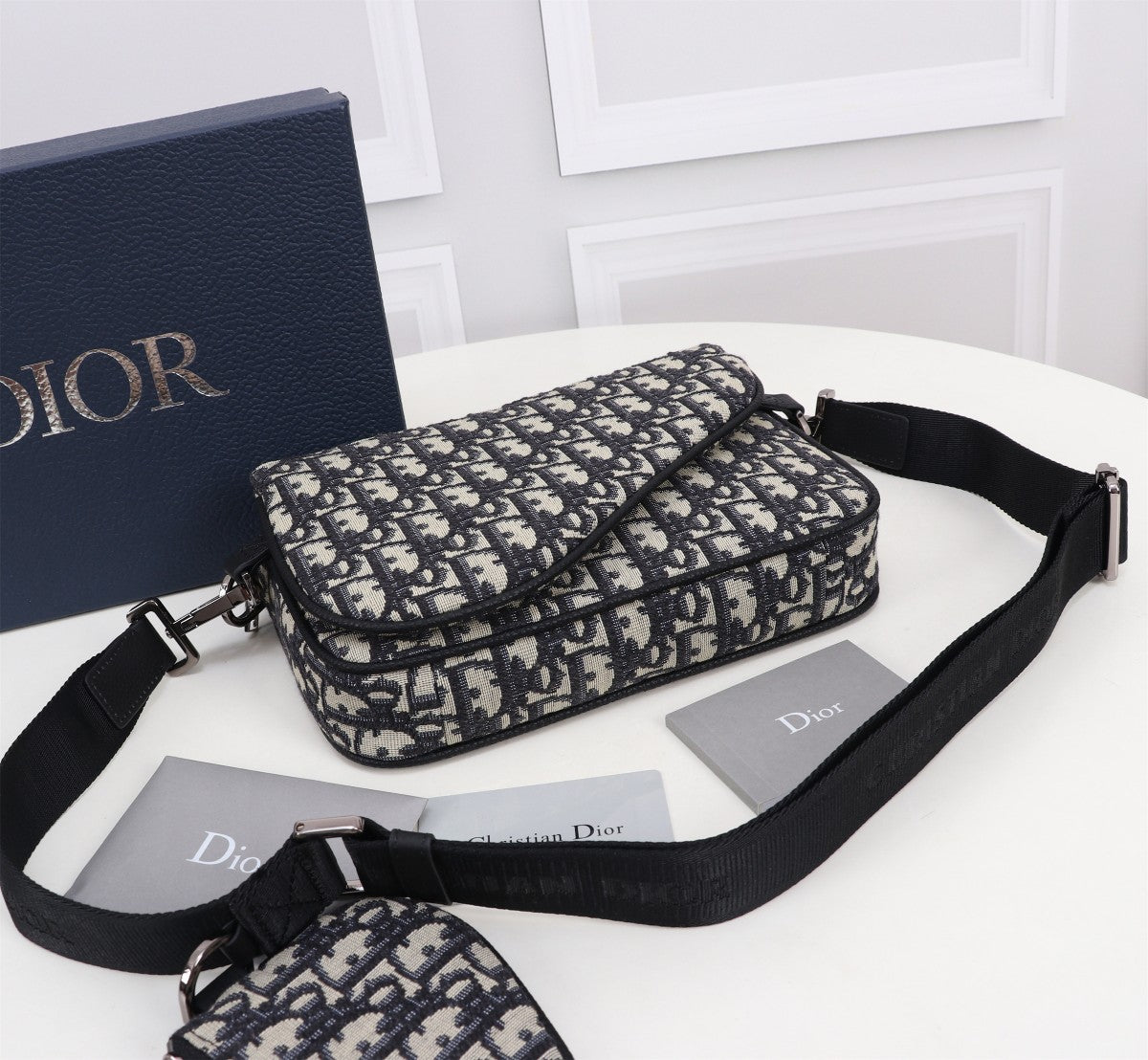 Dior Black Monogram Jacquard Messenger Bag with Saddle Flap and Strap Pouch