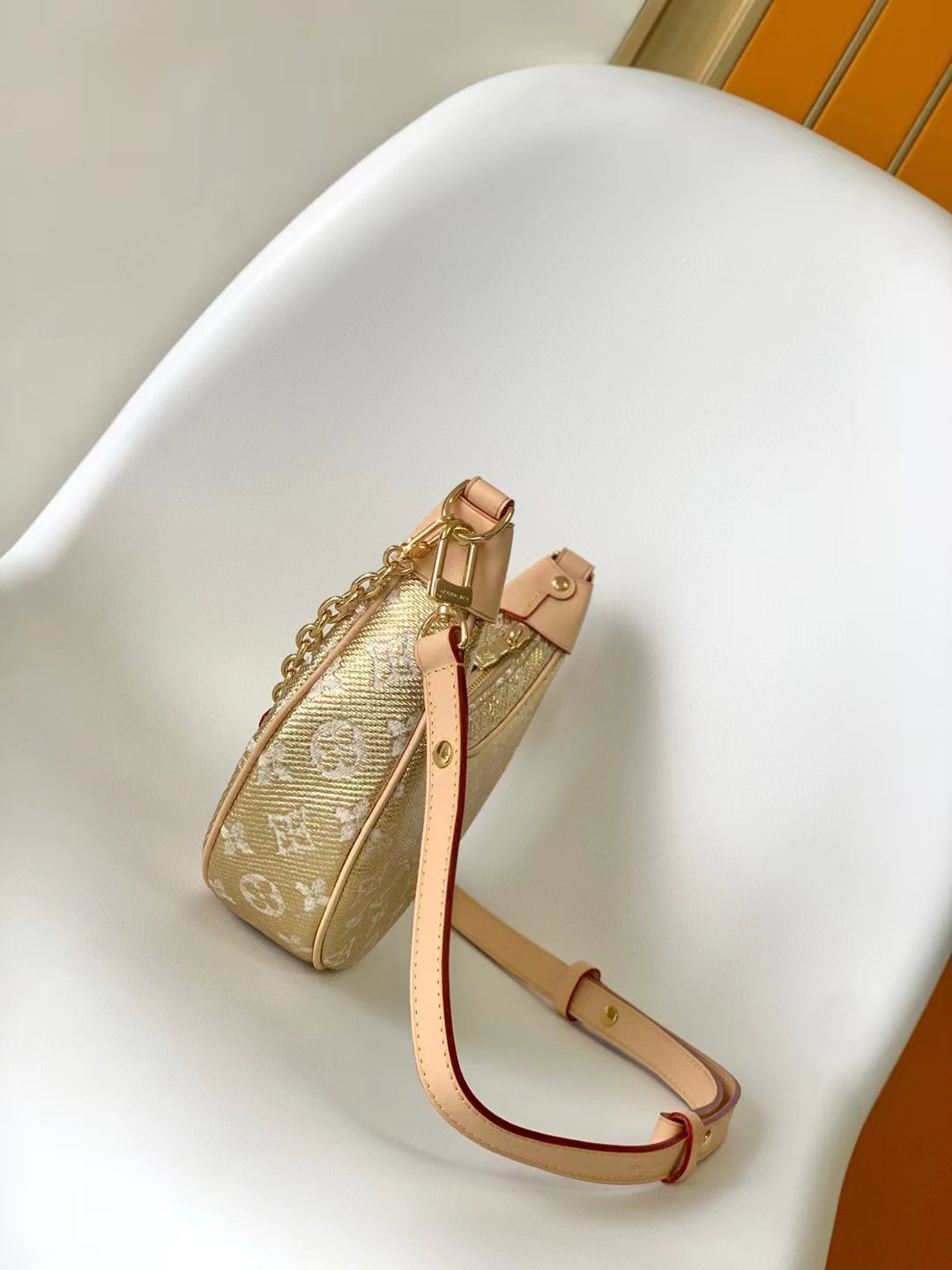 Louis Vuitton Beige Crescent Monogram Shoulder Bag with Gold Chain Strap