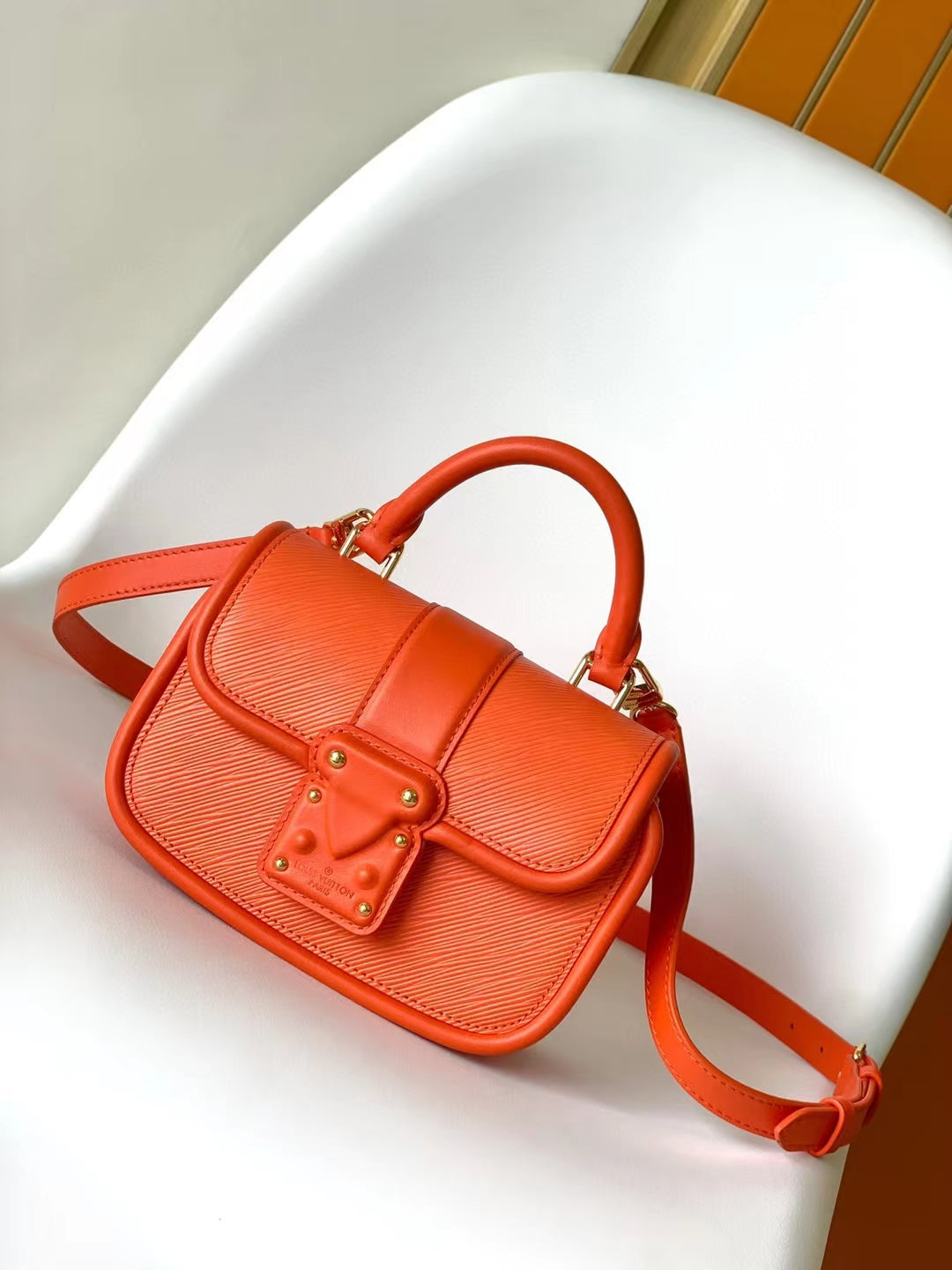 Louis Vuitton Bright Orange Textured Leather Mini Handbag with Top Handle