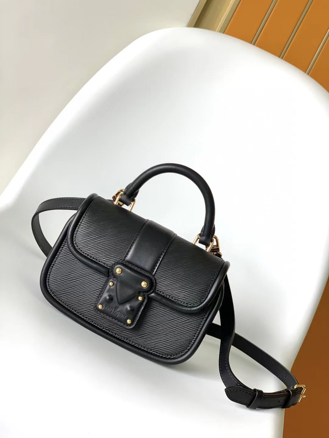 Louis Vuitton Classic Black Leather Mini Top Handle Handbag with Gold Clasp