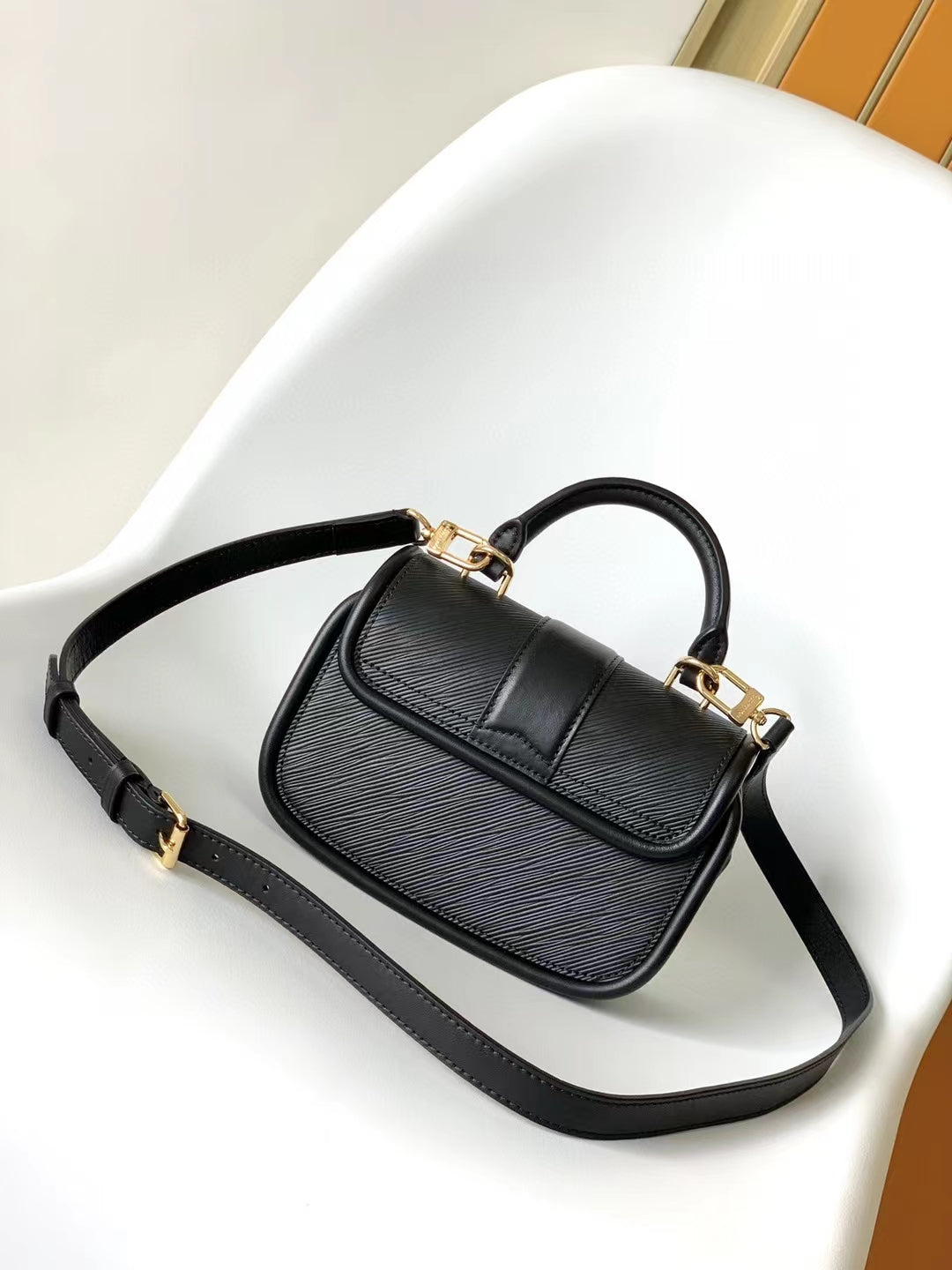 Louis Vuitton Classic Black Leather Mini Top Handle Handbag with Gold Clasp