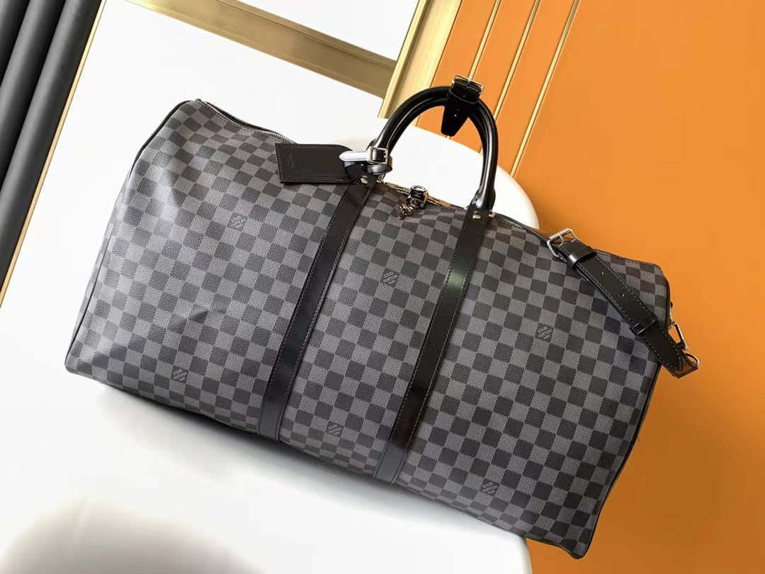 Luxury Damier Graphite Checkered Duffle Travel Bag - Black &amp; Grey Large Weekender