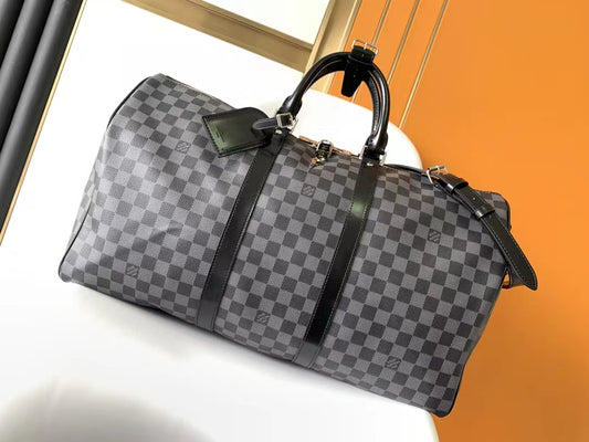 Luxury Checkerboard Damier Graphite Travel Duffle Bag - Gray and Black Weekender Bag