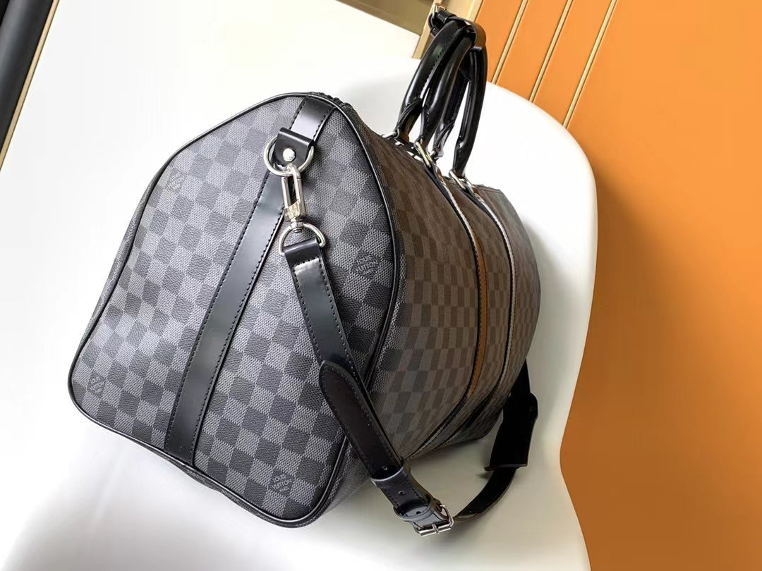 Louis Vuitton Classic Grey Checkerboard Travel Duffle Bag with Leather Trim