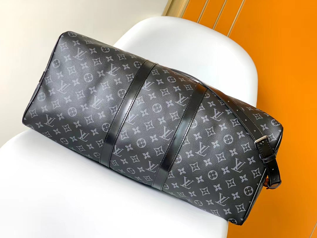 Louis Vuitton Black Monogram Pattern Travel Duffle Bag with Shoulder Strap