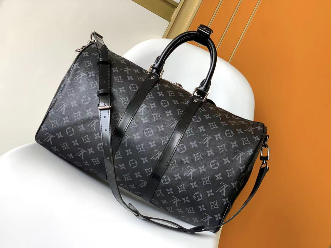Louis Vuitton Black Monogram Canvas Travel Duffel Bag with Shoulder Strap