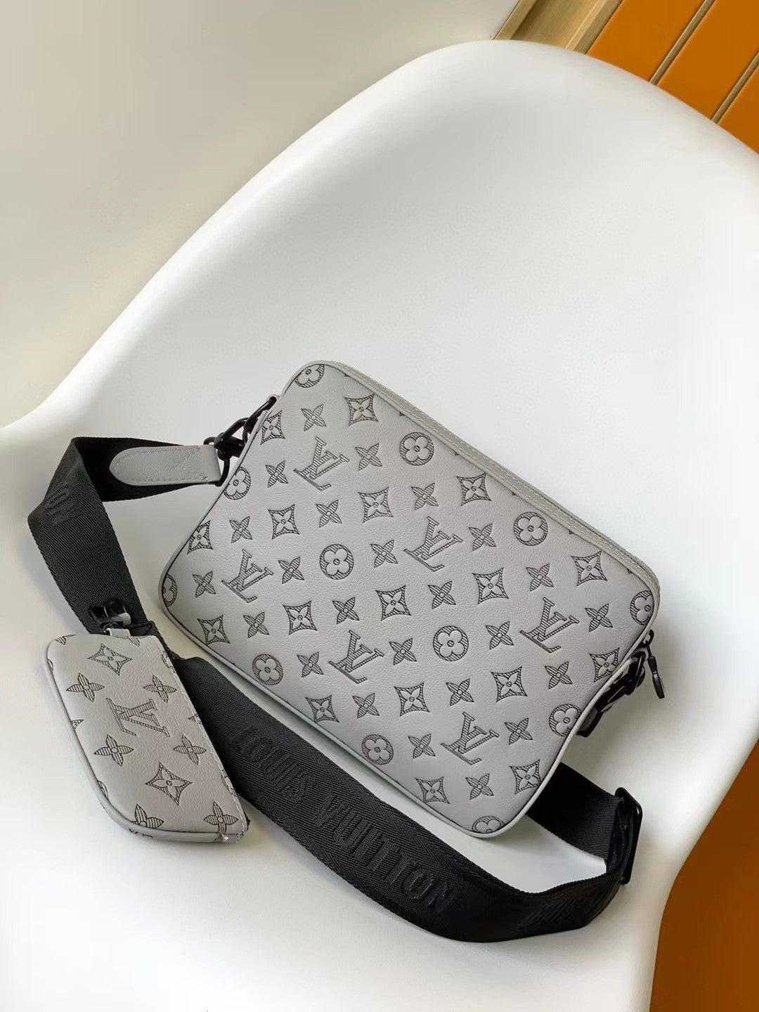 Louis Vuitton Grey Embossed Leather Crossbody Messenger Bag with Detachable Pouch