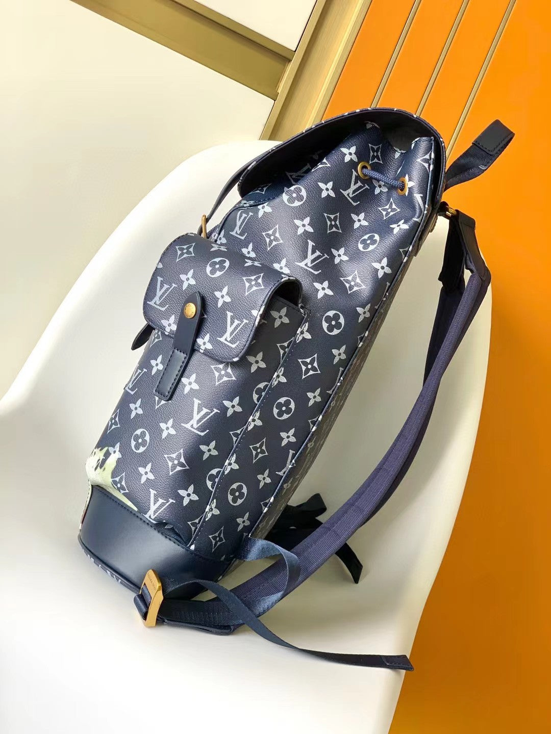 Louis Vuitton Navy Monogram Pattern Backpack with Bleached Watercolor Detail