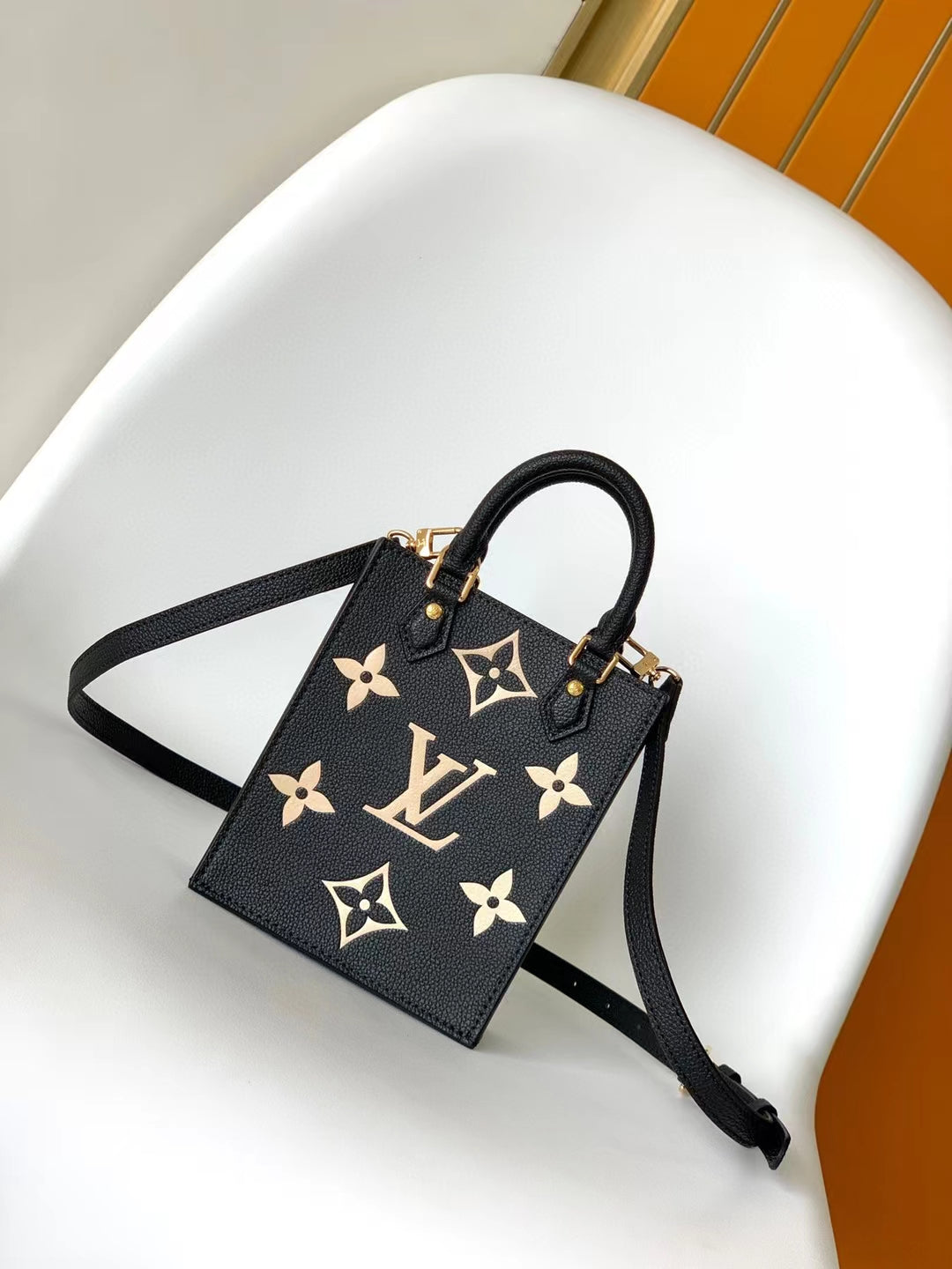 Louis Vuitton Black Embossed Leather Mini Crossbody Tote Bag with Gold Floral Details