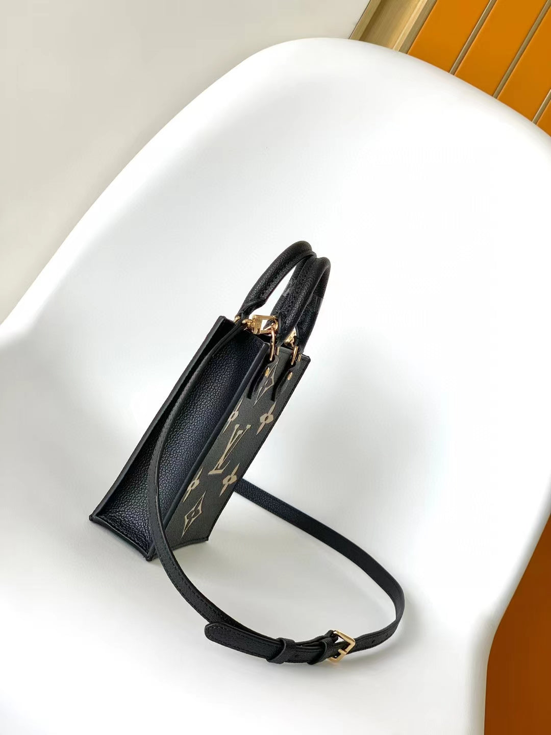 Louis Vuitton Black Embossed Leather Mini Crossbody Tote Bag with Gold Floral Details