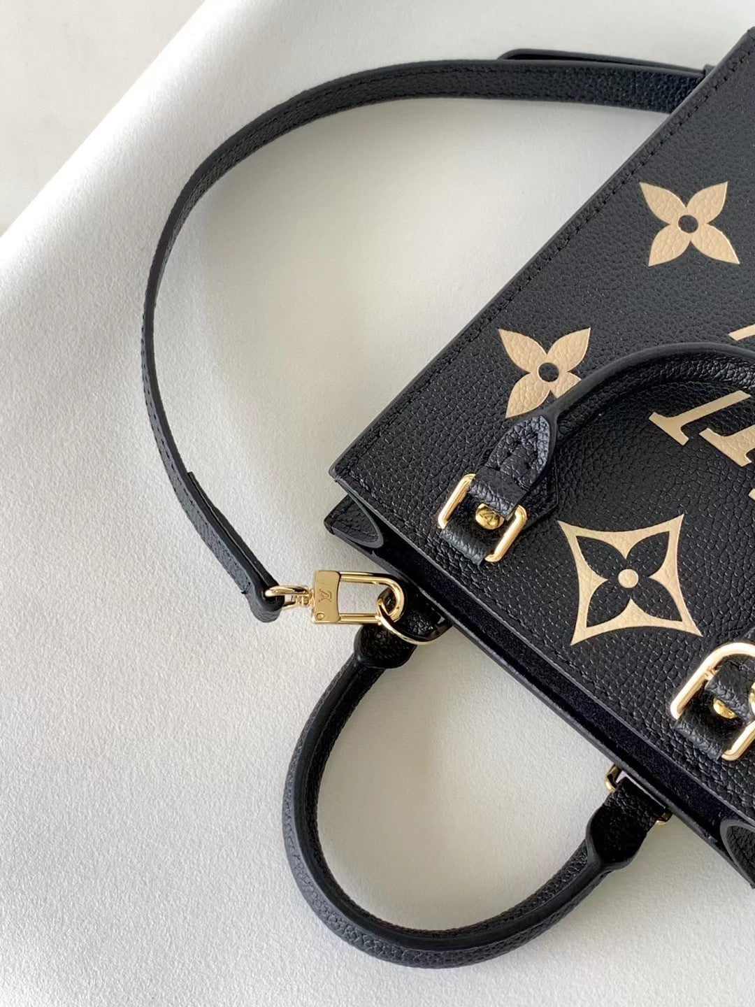 Louis Vuitton Black Embossed Leather Mini Crossbody Tote Bag with Gold Floral Details
