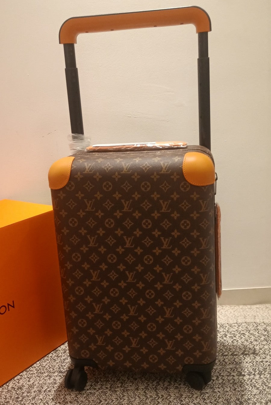 Brown Monogram Pattern Spinner Suitcase with Orange Leather Trim