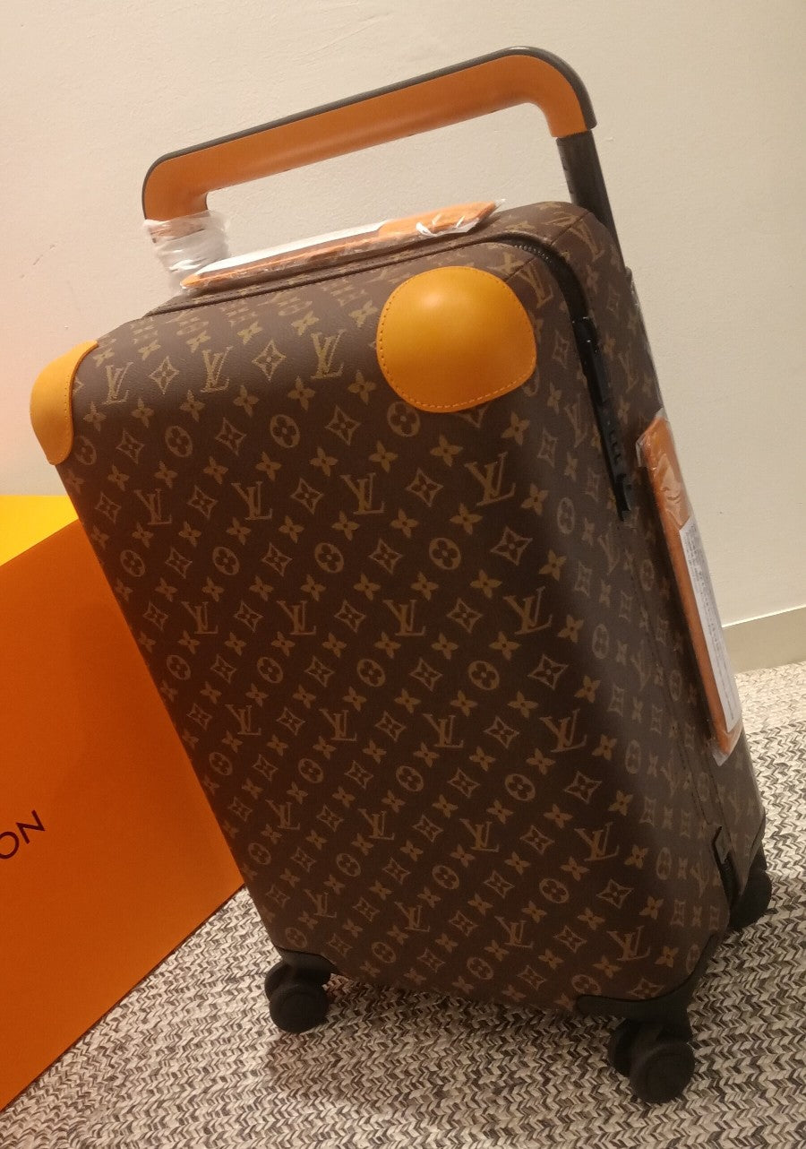 Brown Monogram Pattern Spinner Suitcase with Orange Leather Trim