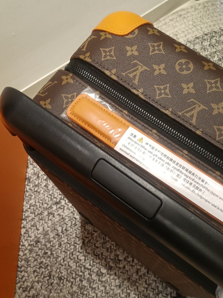 Brown Monogram Pattern Spinner Suitcase with Orange Leather Trim