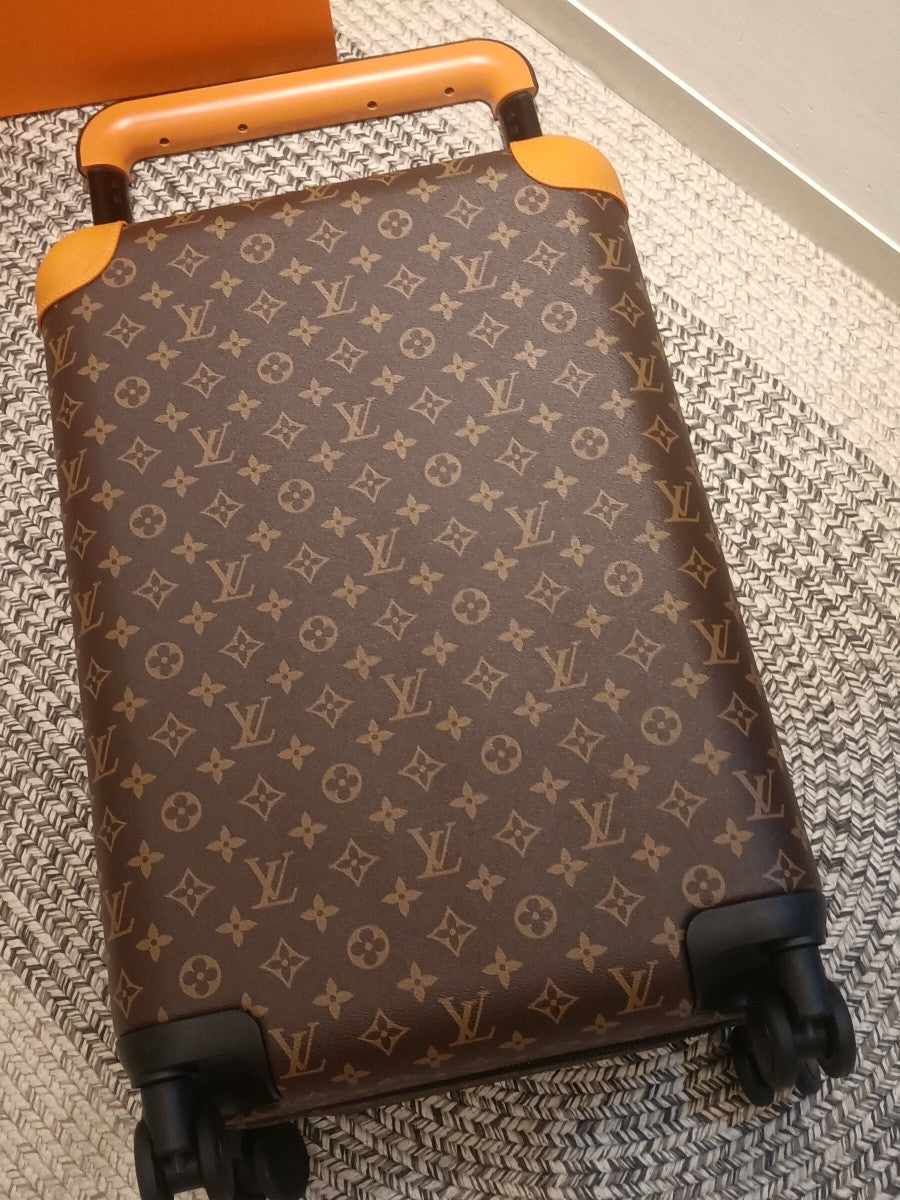 Brown Monogram Pattern Spinner Suitcase with Orange Leather Trim