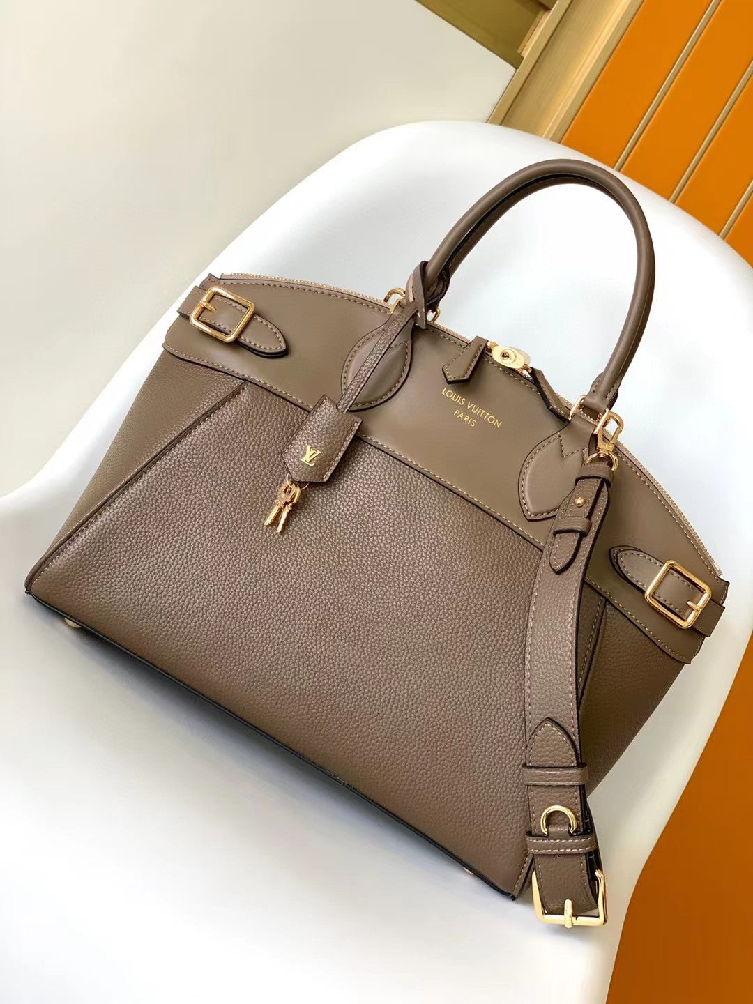 Louis Vuitton Classic Taupe Structured Satchel Handbag with Gold Hardware