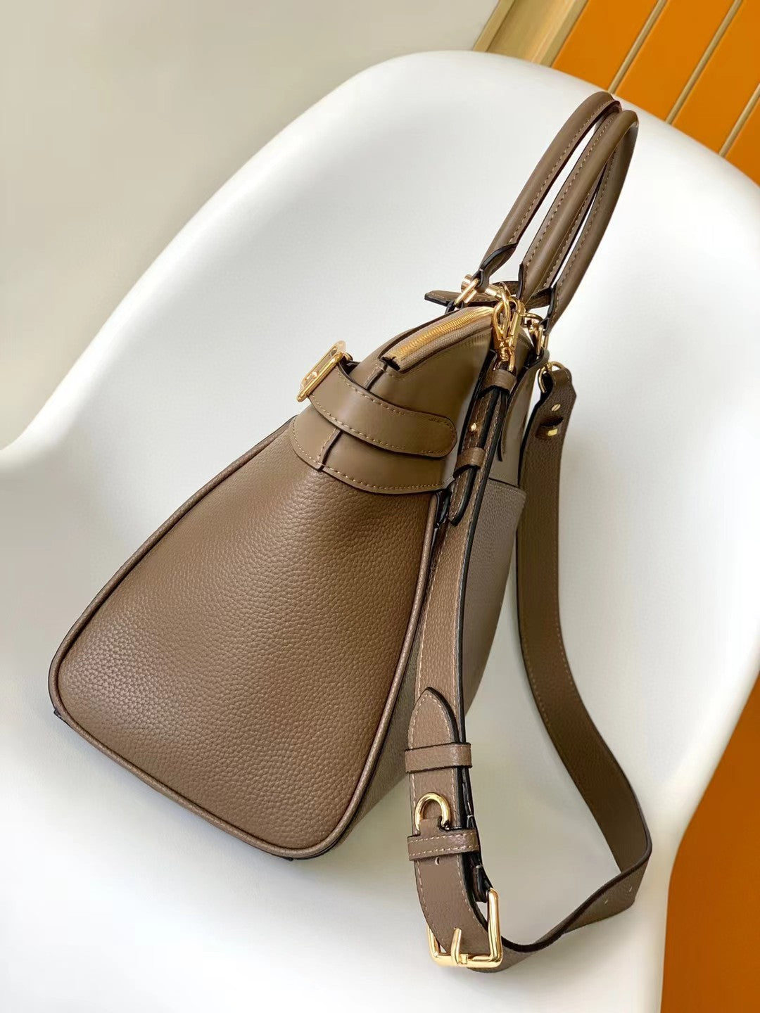 Louis Vuitton Classic Taupe Structured Satchel Handbag with Gold Hardware