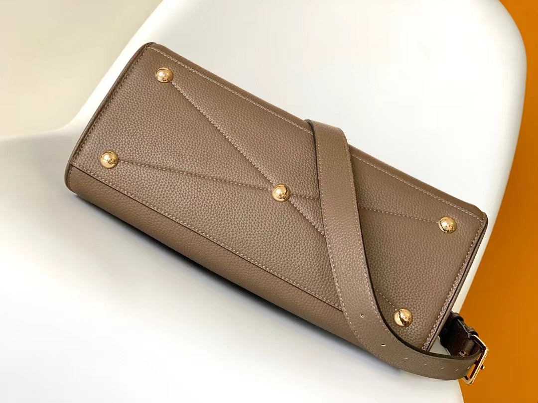 Louis Vuitton Classic Taupe Structured Satchel Handbag with Gold Hardware