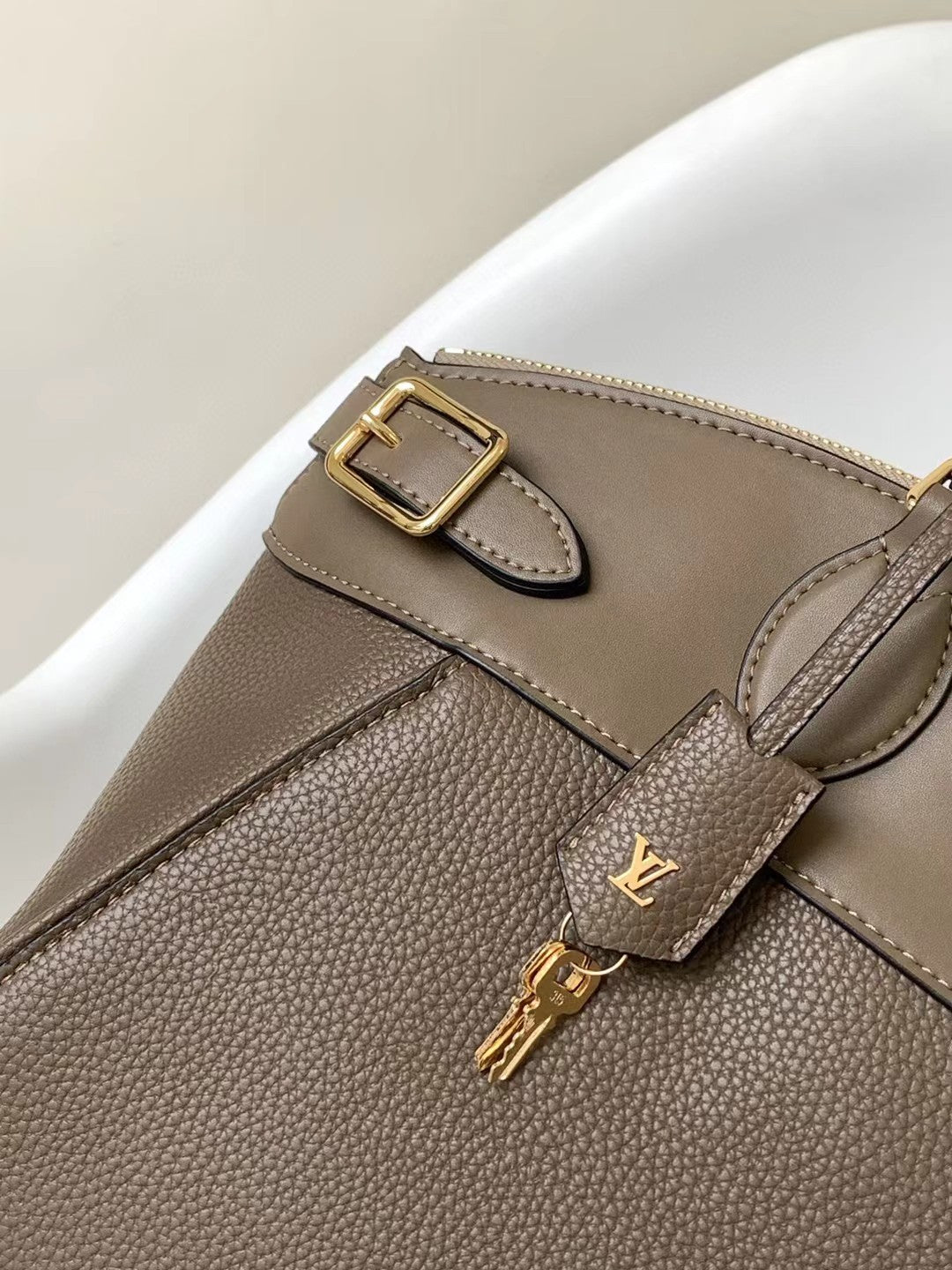 Louis Vuitton Classic Taupe Structured Satchel Handbag with Gold Hardware