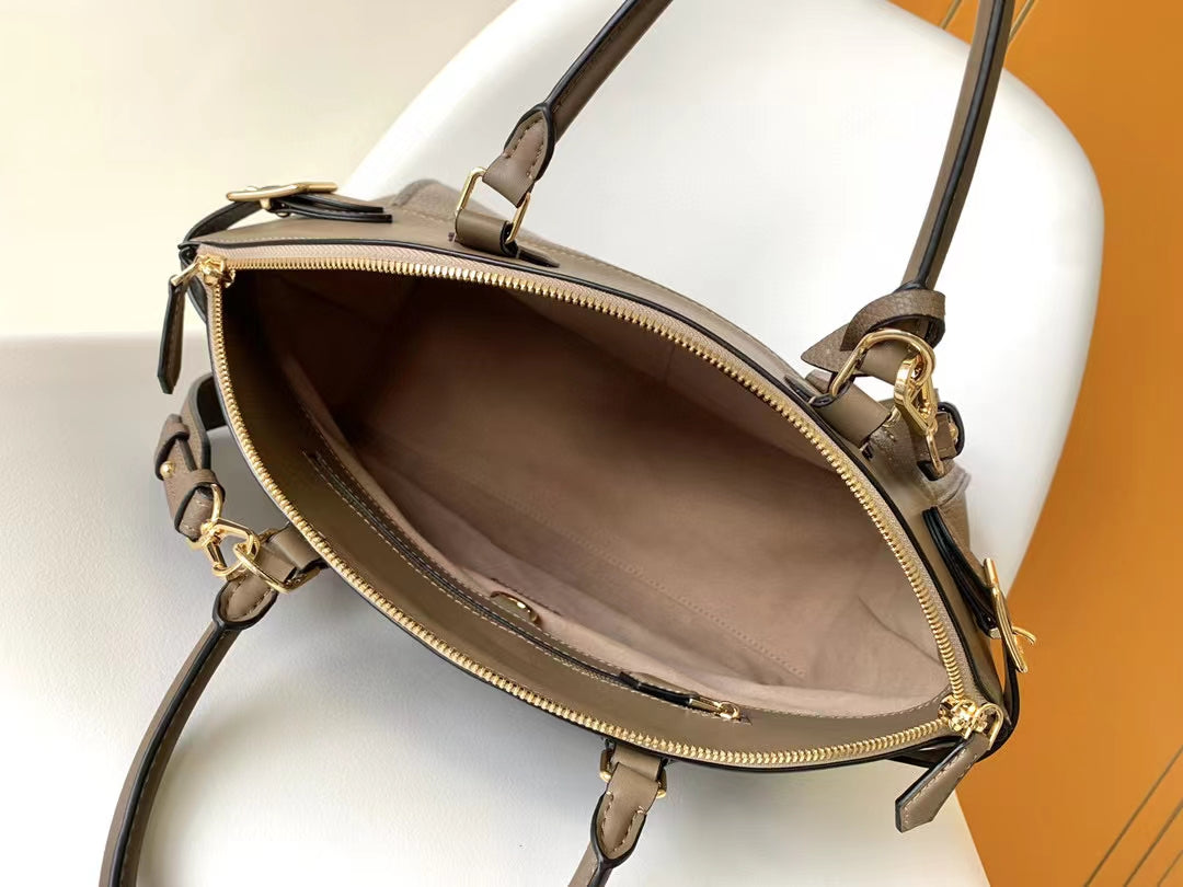 Louis Vuitton Classic Taupe Structured Satchel Handbag with Gold Hardware