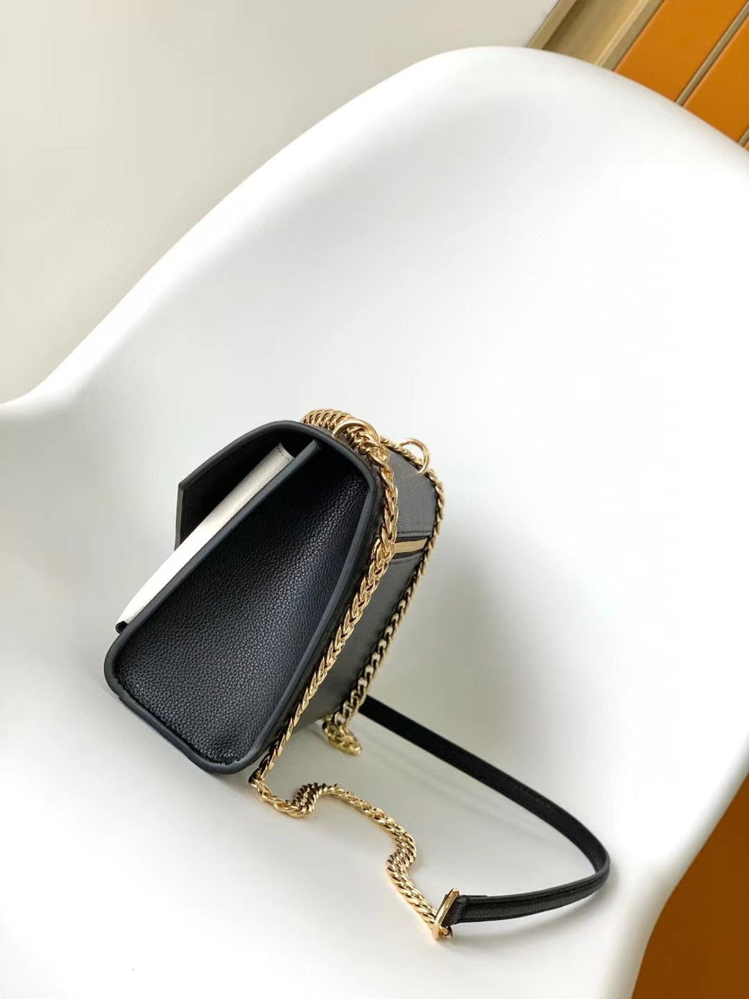 Louis Vuitton Black and Cream Leather Envelope Flap Shoulder Bag with Gold Chain