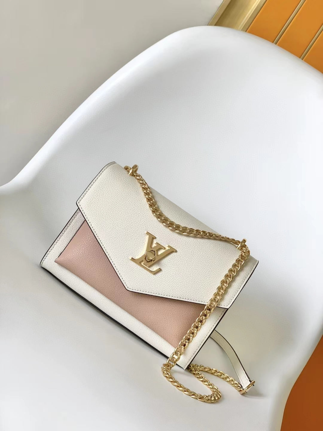 Louis Vuitton Two-Tone Cream and Pink Leather Envelope Crossbody Bag with Gold Chain