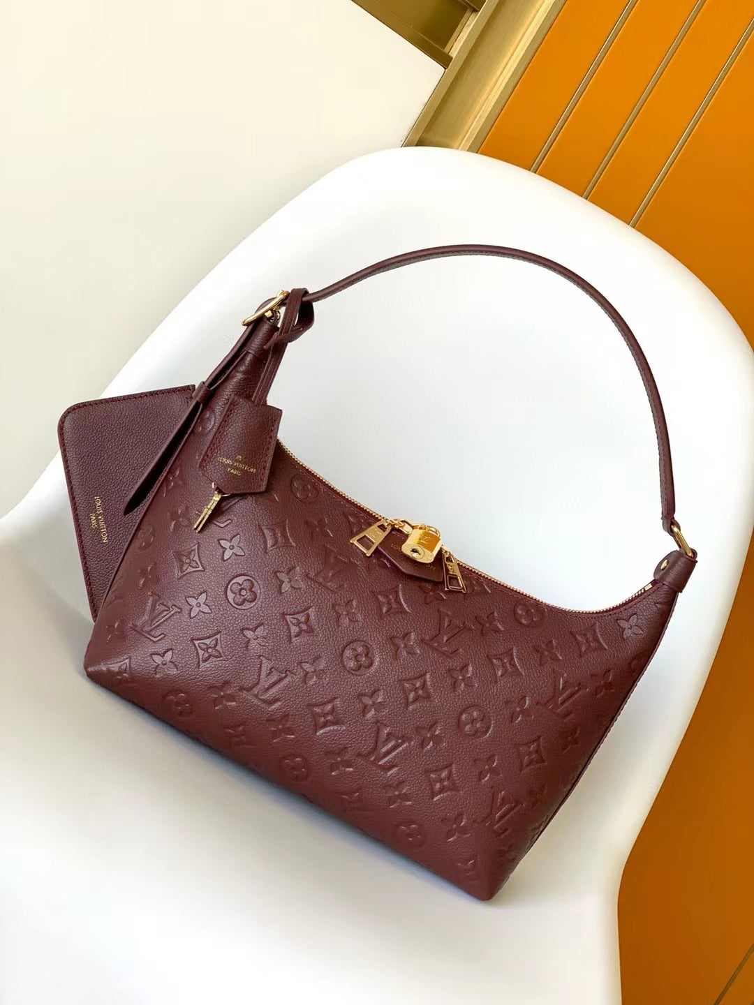Louis Vuitton Burgundy Embossed Leather Hobo Shoulder Bag with Gold Hardware