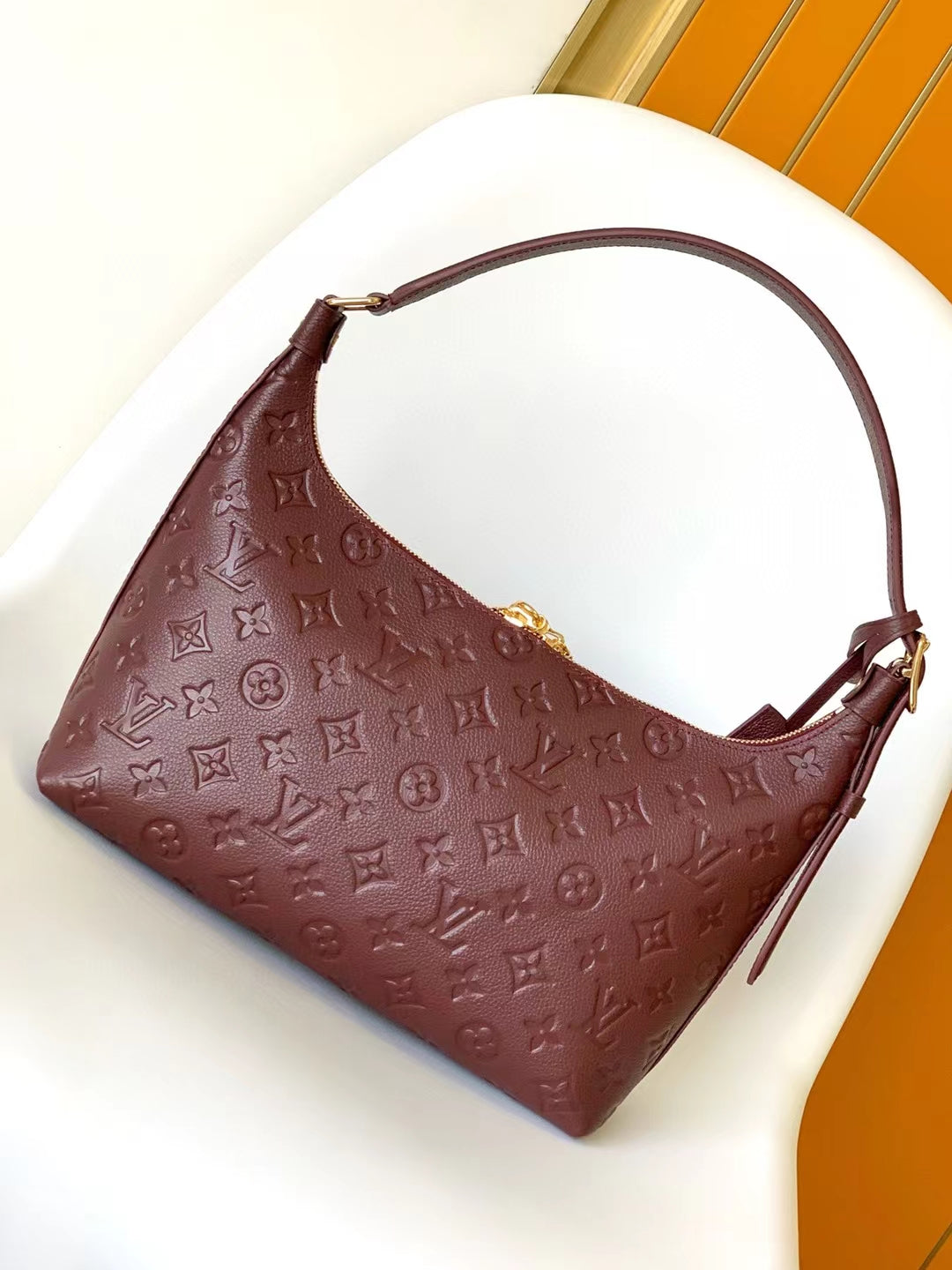 Louis Vuitton Burgundy Embossed Leather Hobo Shoulder Bag with Gold Hardware