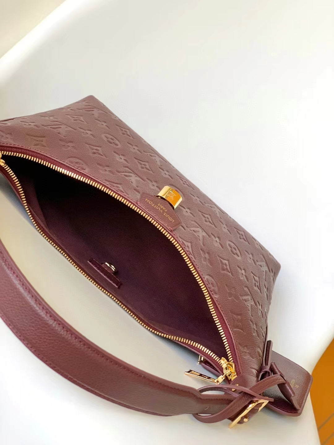 Louis Vuitton Burgundy Embossed Leather Hobo Shoulder Bag with Gold Hardware