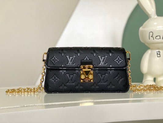 Louis Vuitton Black Embossed Leather Shoulder Bag with Gold Chain Strap