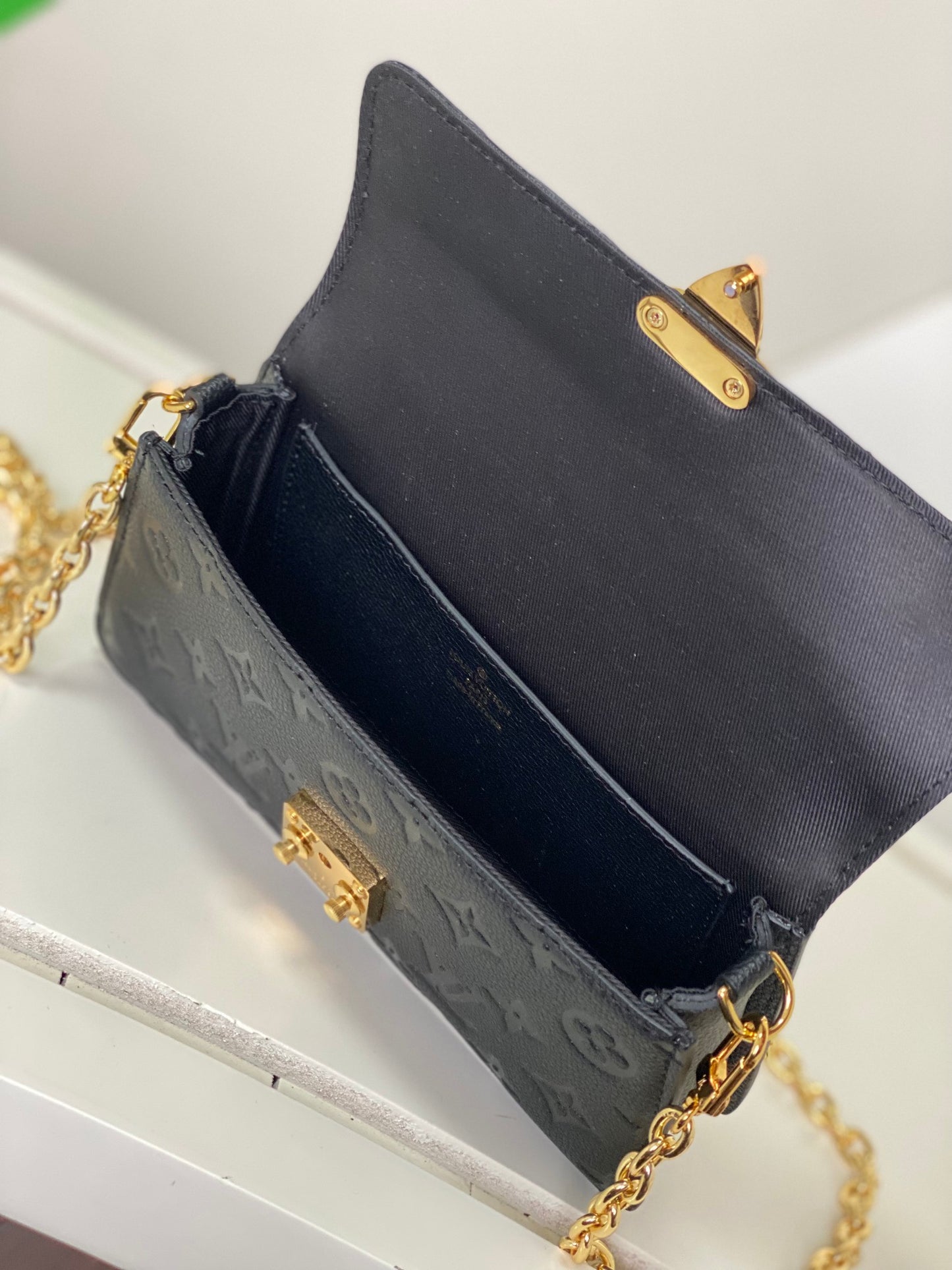 Louis Vuitton Black Embossed Leather Shoulder Bag with Gold Chain Strap