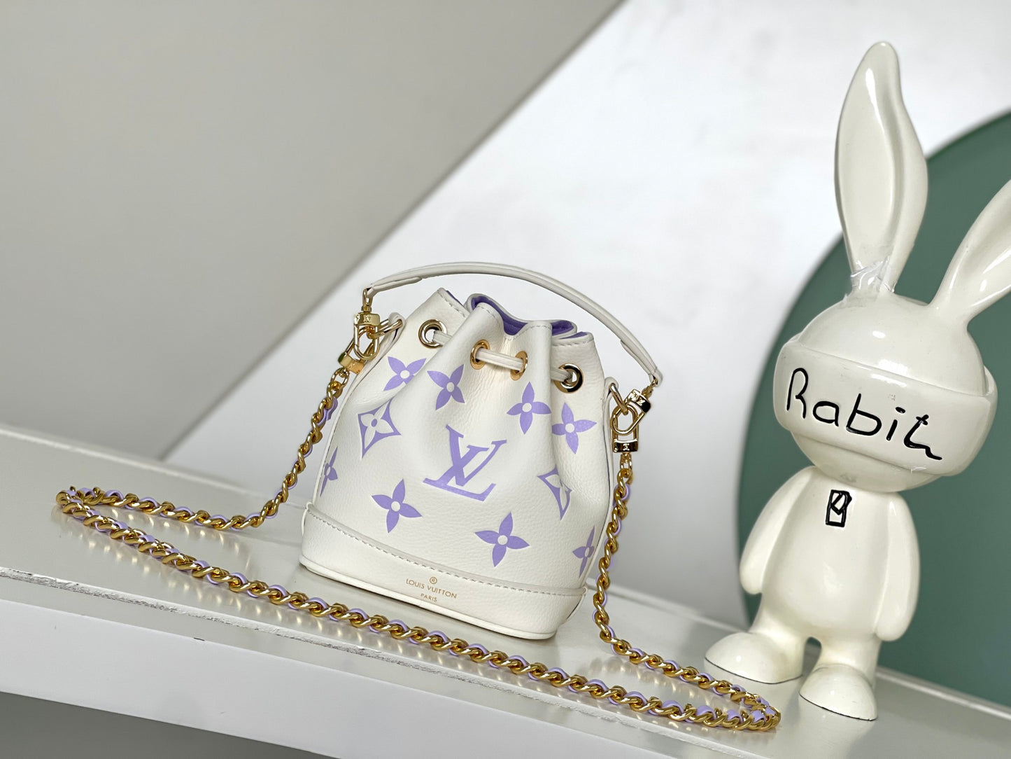 Mini Drawstring Bucket Crossbody Bag - White with Purple Monogram &amp; Gold Chain