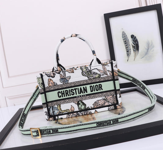 Dior Sage Green Butterfly Embroidered Canvas Handbag with Crossbody Strap