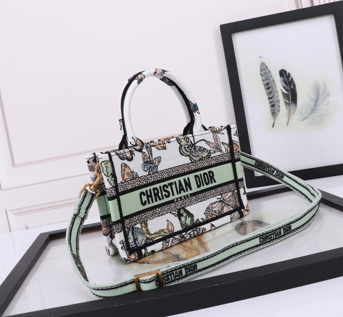 Dior Sage Green Butterfly Embroidered Canvas Handbag with Crossbody Strap