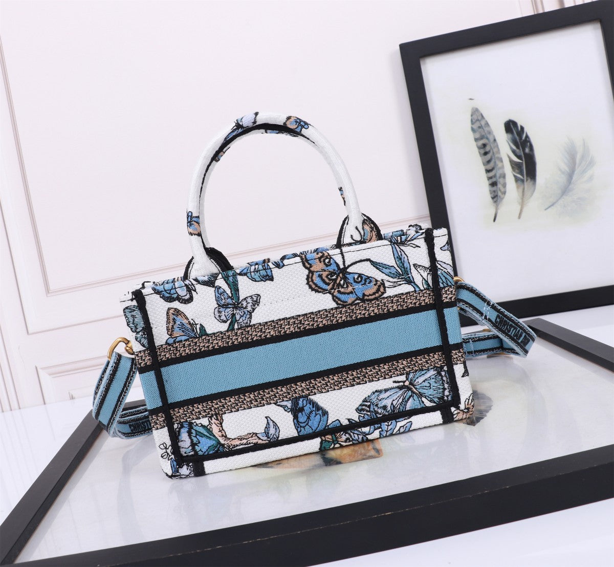 Dior Elegant Blue Butterfly Canvas Tote Bag with Shoulder Strap