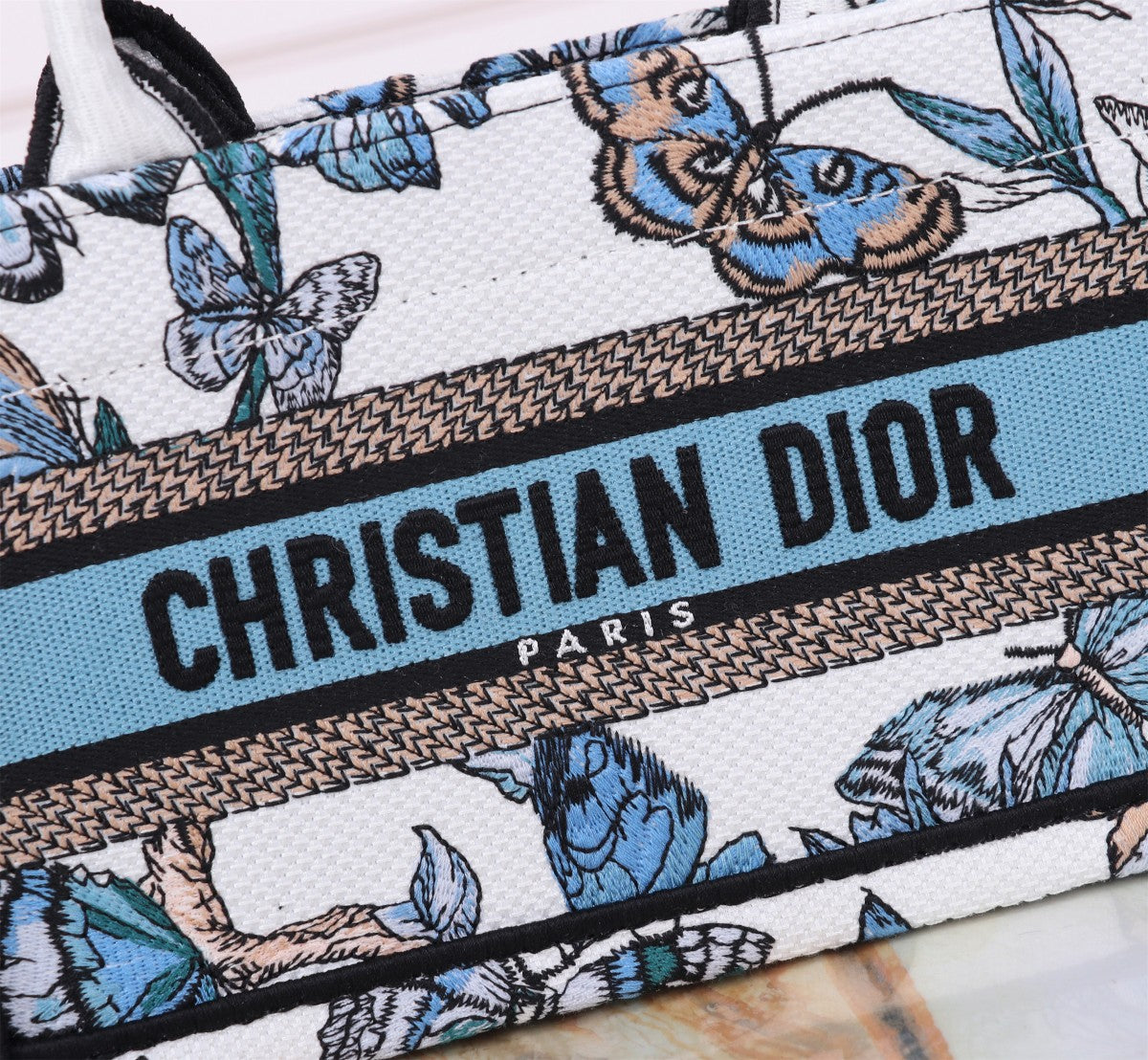 Dior Elegant Blue Butterfly Canvas Tote Bag with Shoulder Strap