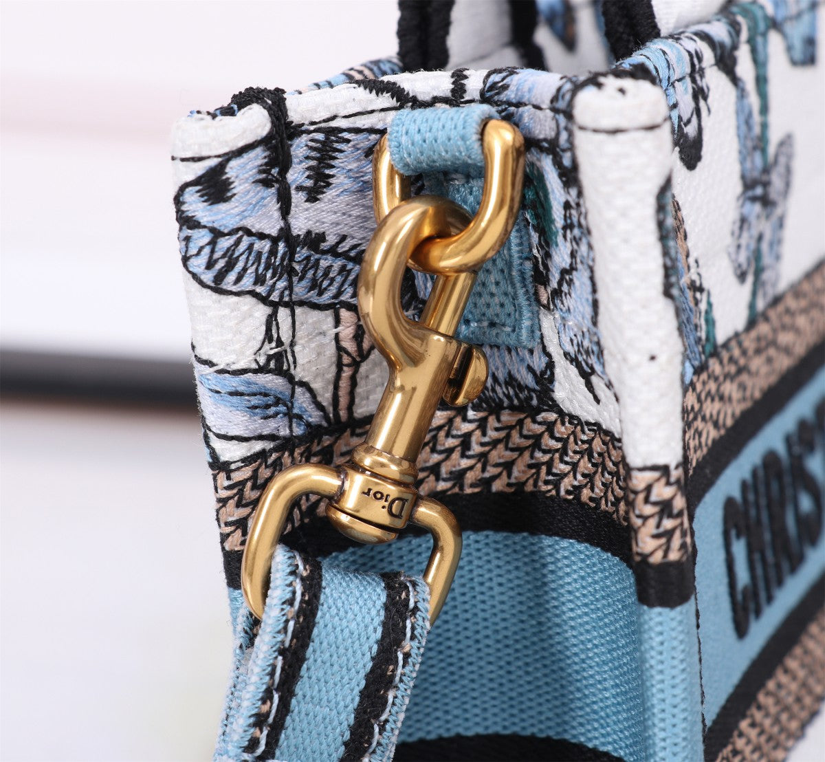 Dior Elegant Blue Butterfly Canvas Tote Bag with Shoulder Strap