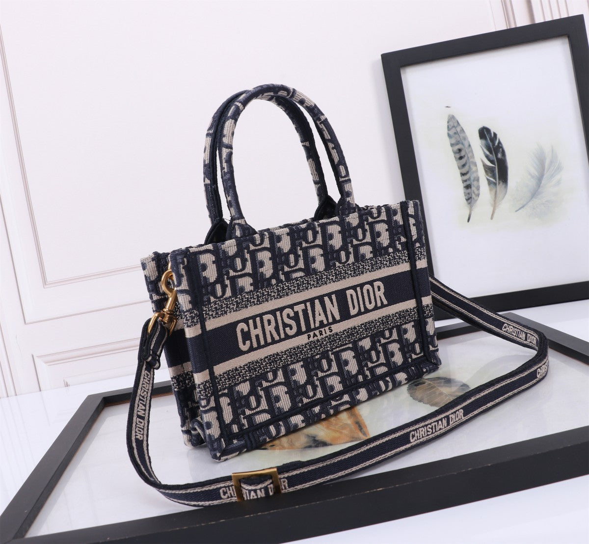 Dior Classic Navy Monogram Embroidered Canvas Top Handle Tote Bag