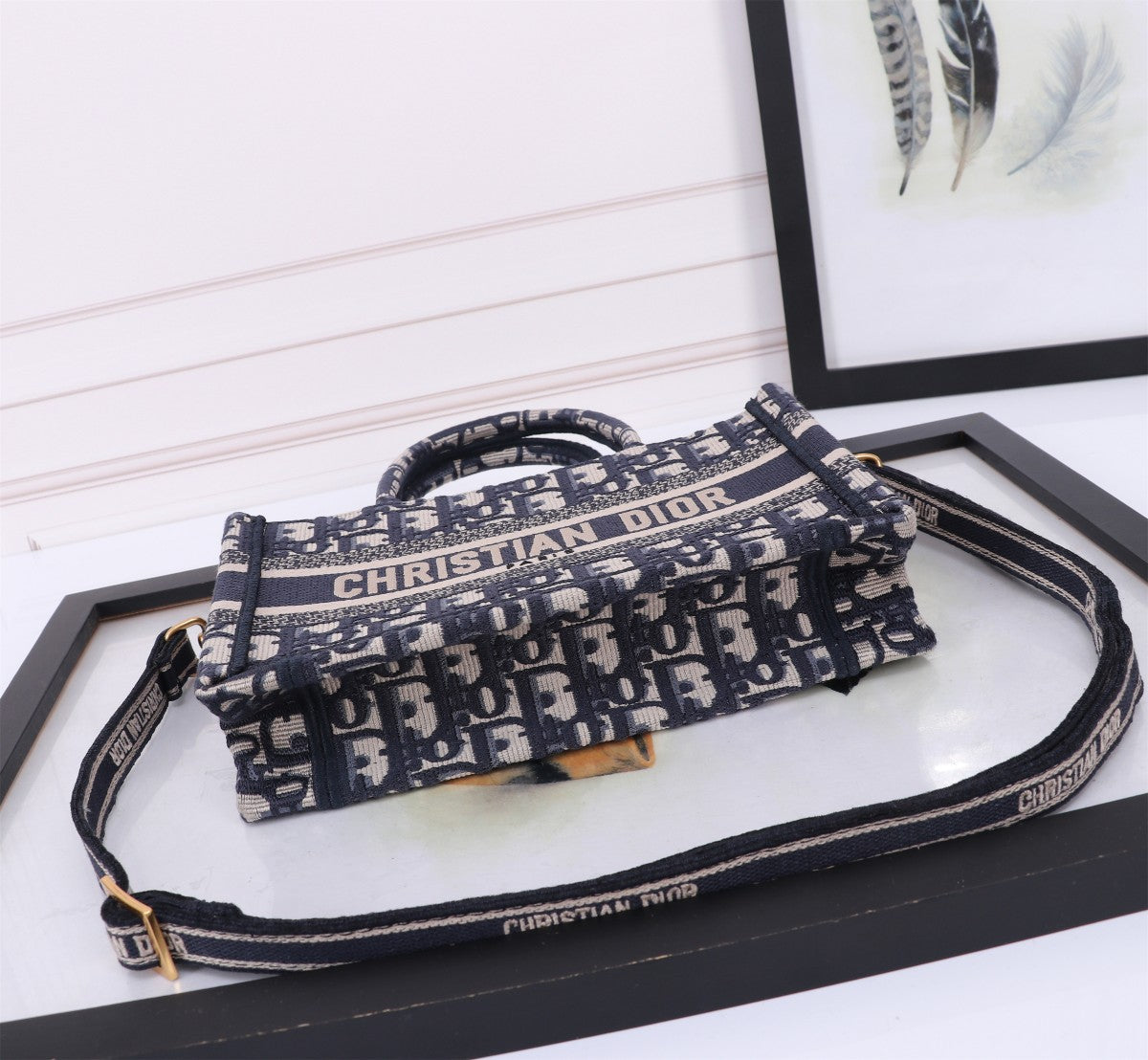 Christian Dior Blue Oblique Embroidery Small Book Tote Bag with Shoulder Strap