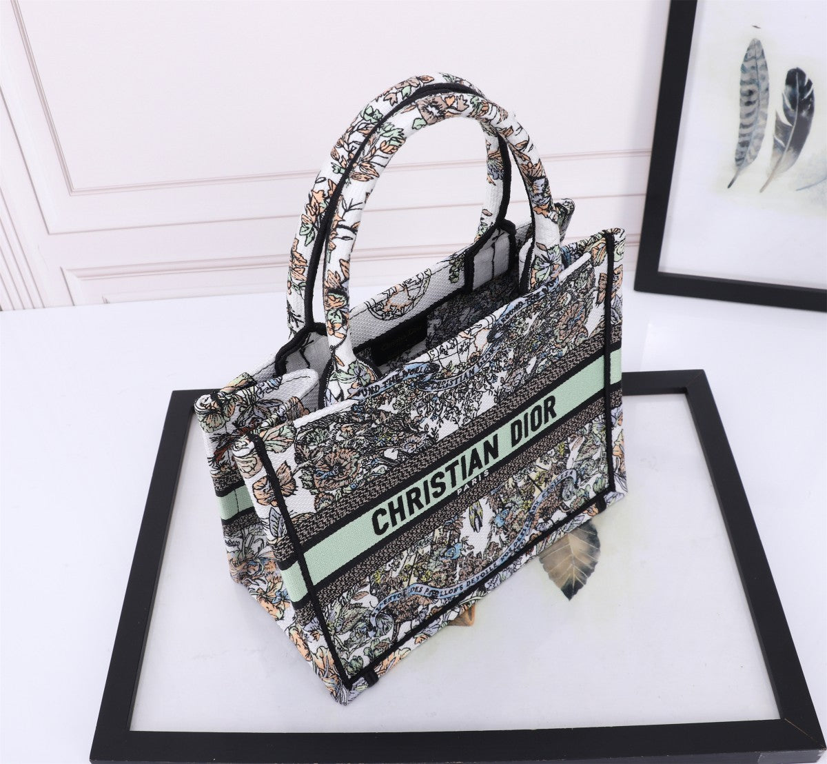 Christian Dior Book Tote - Multicolor Floral Embroidered Canvas with Green Band