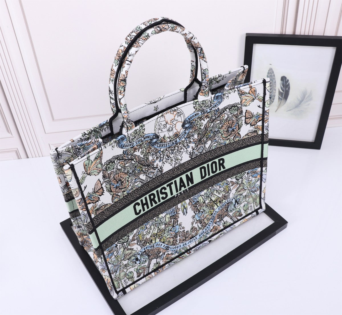 Dior Elegant Floral Butterfly Embroidered Canvas Tote Handbag