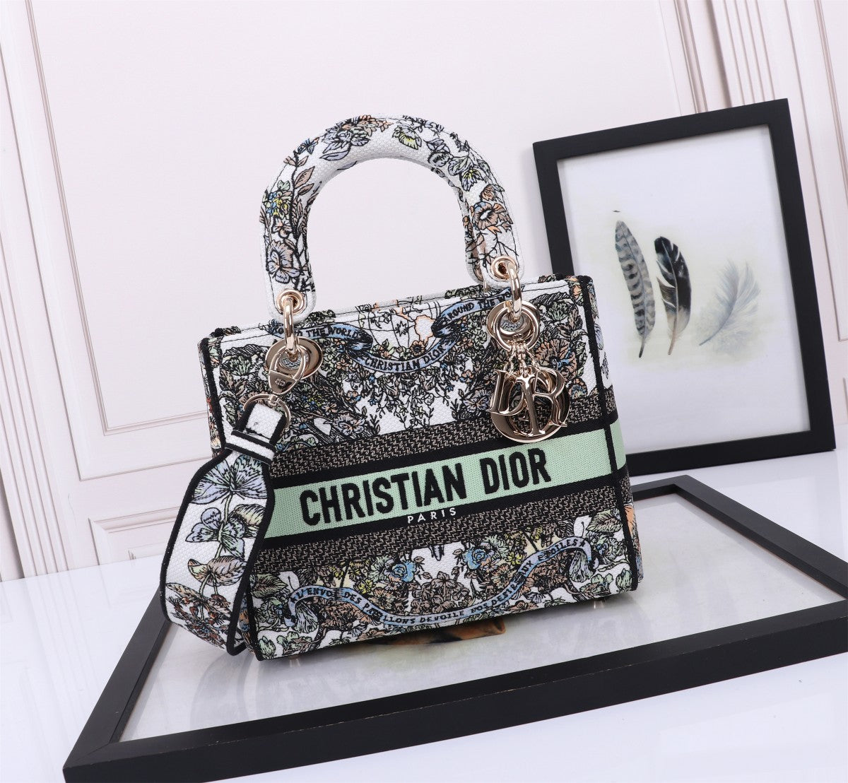 Dior Vintage Floral Embroidered Canvas Satchel Bag with Shoulder Strap