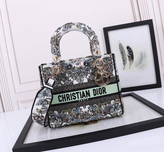 Dior Vintage Floral Embroidered Canvas Satchel Bag with Shoulder Strap