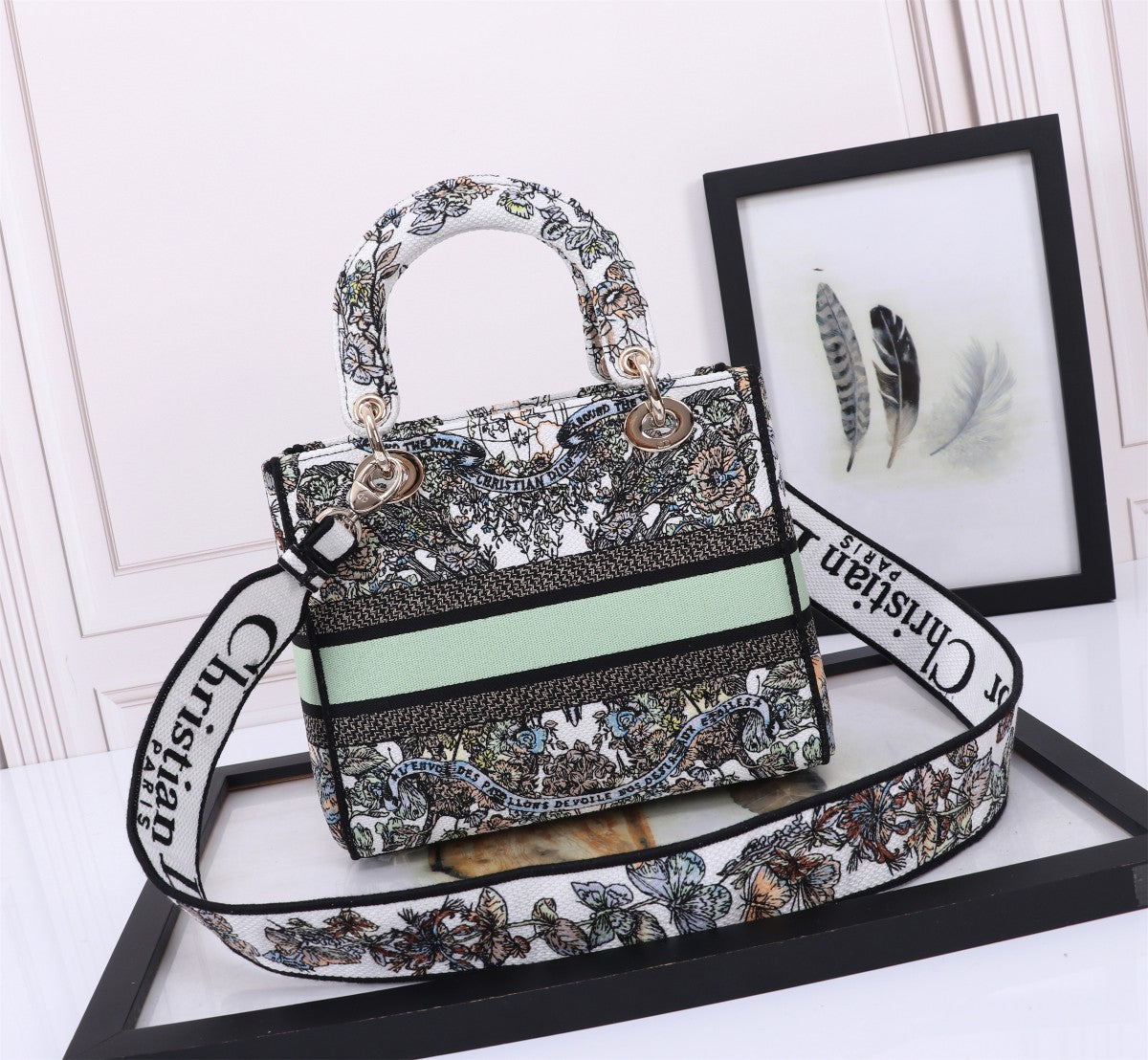 Dior Vintage Floral Embroidered Canvas Satchel Bag with Shoulder Strap