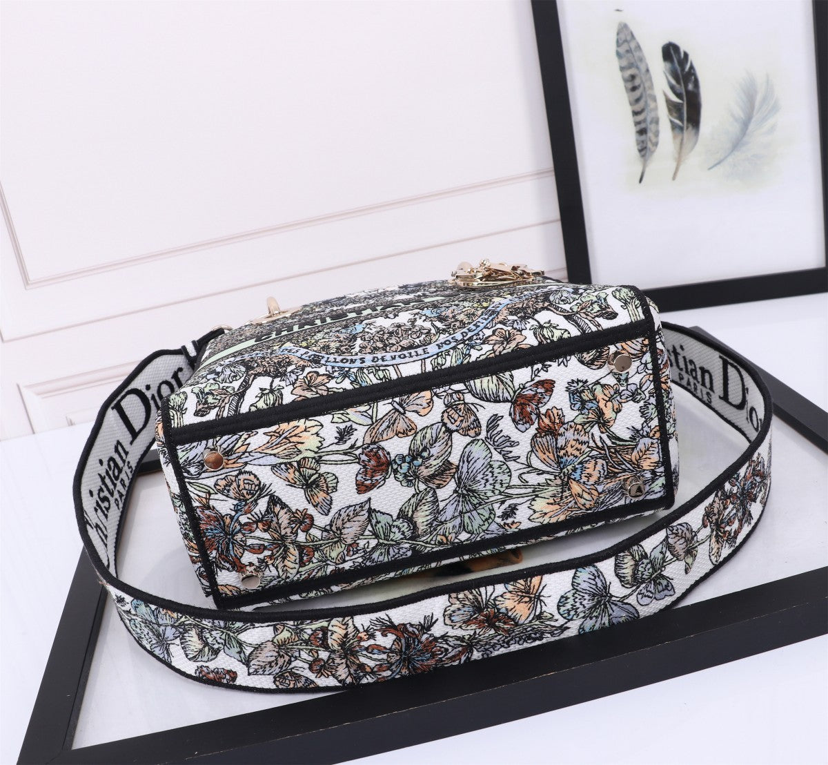 Dior Vintage Floral Embroidered Canvas Satchel Bag with Shoulder Strap