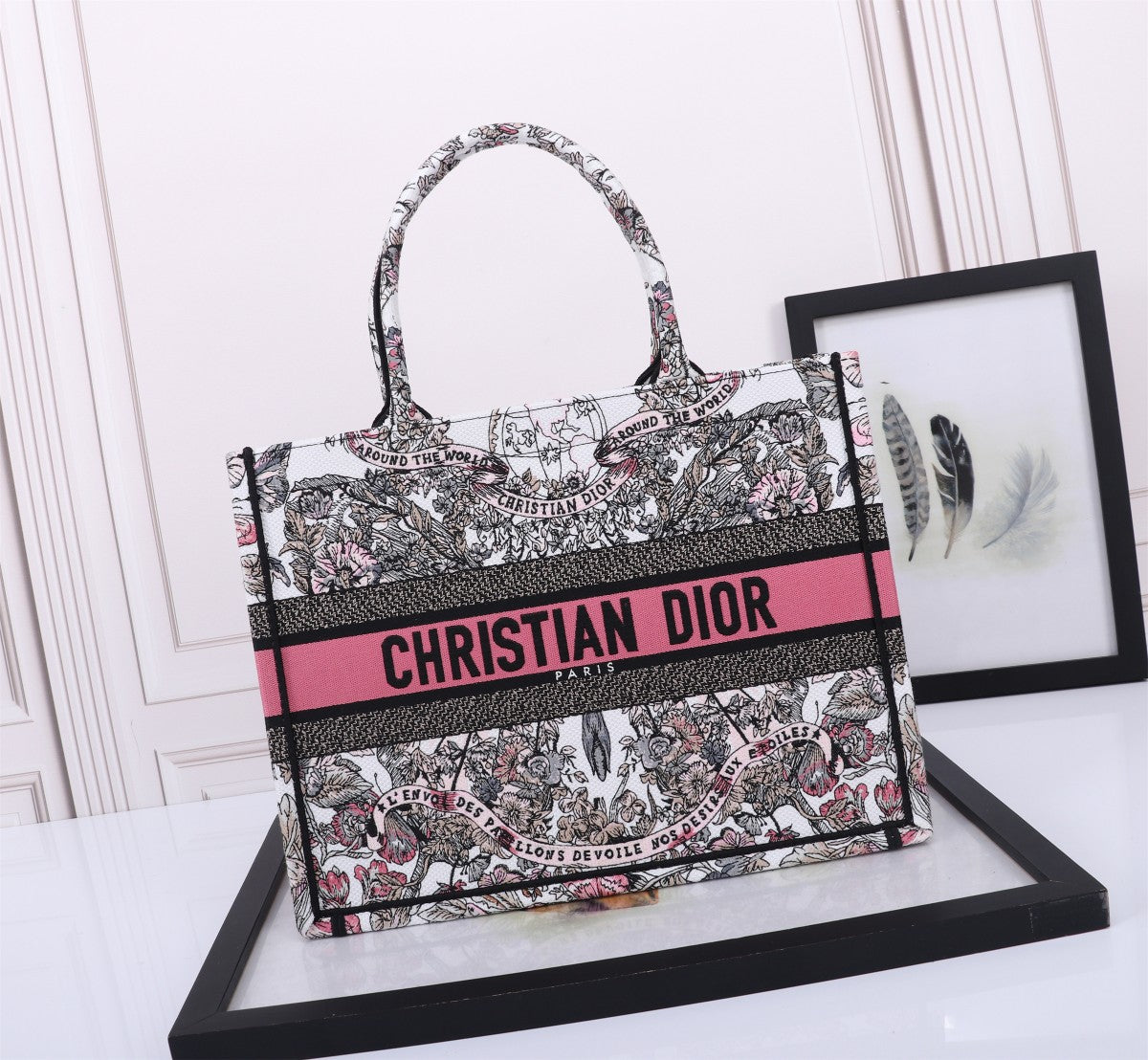 Dior Luxury Floral Embroidered Canvas Tote Bag with Pink Stripe Detail