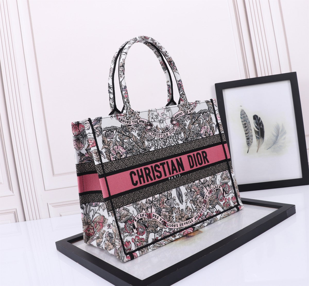 Dior Luxury Floral Embroidered Canvas Tote Bag with Pink Stripe Detail