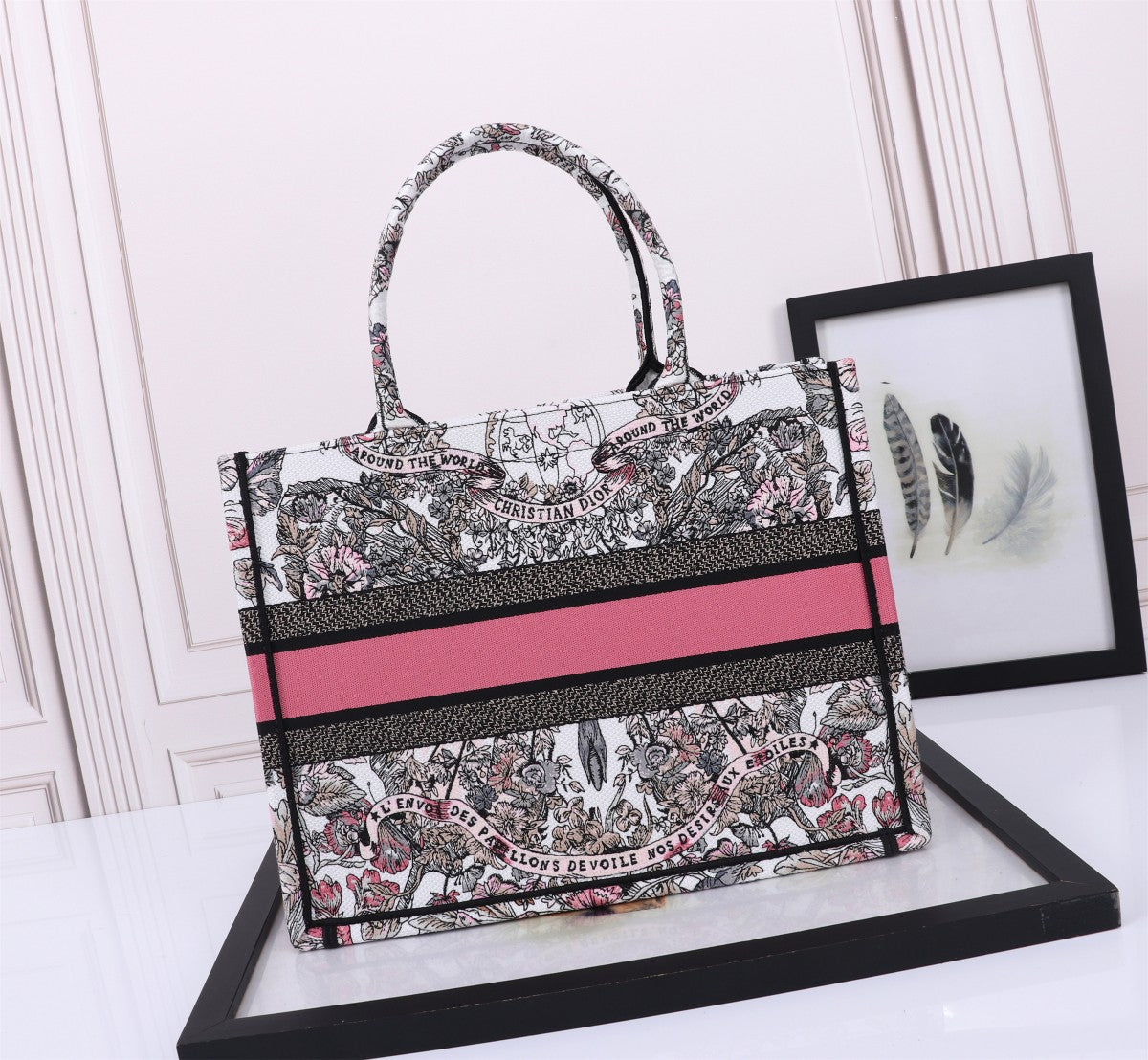 Dior Luxury Floral Embroidered Canvas Tote Bag with Pink Stripe Detail